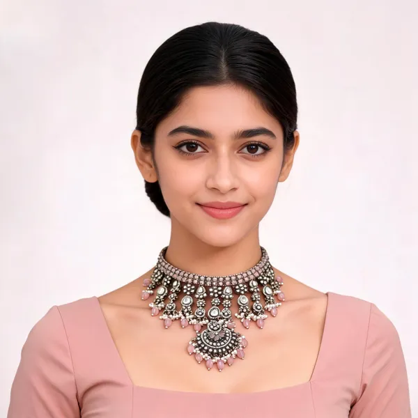 Silver_Tone_Pink_Beaded_Necklace_Set_For_Women