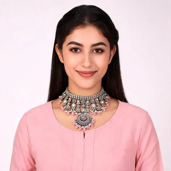 Silver_Tone_Pink_Beaded_Necklace_Set_For_Women