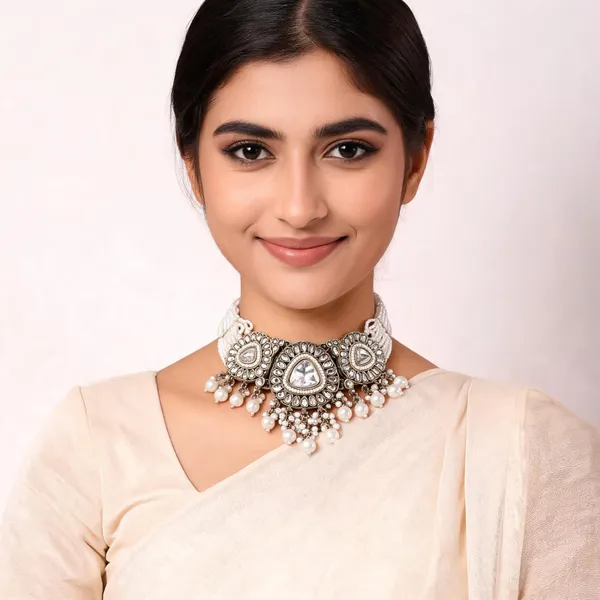 Silver_Tone_Pearl_Drop_Bridal_Choker_Necklace_For_Women