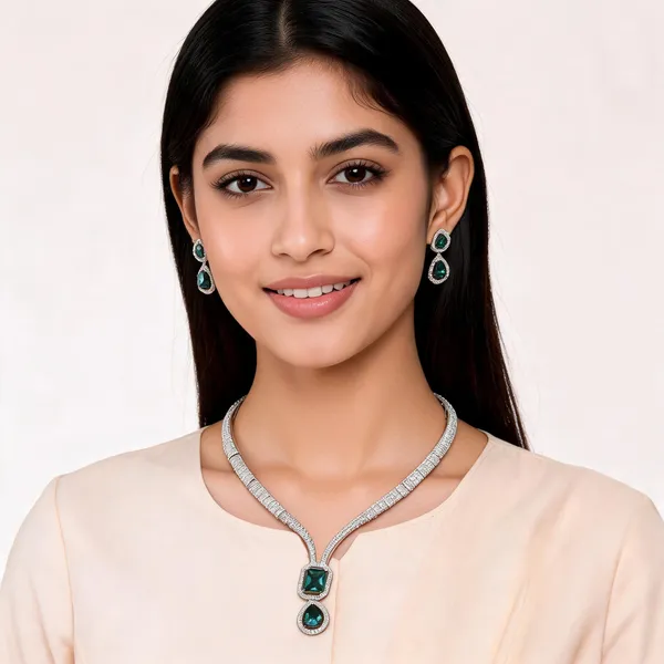 Silver_Tone_Green_Stone_Pendant_Necklace_For_Women_With_Earrings