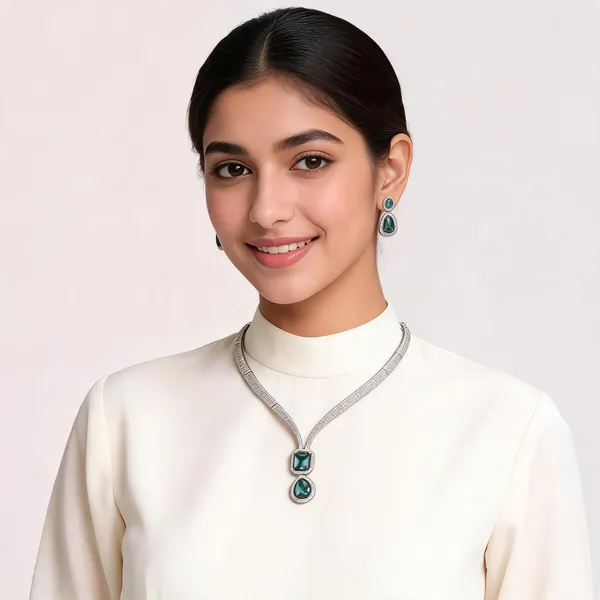 Silver_Tone_Green_Stone_Pendant_Necklace_For_Women_With_Earrings