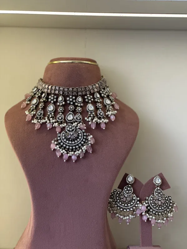 Silver-Tone_Pink_Beaded_Necklace_Set_for_Women