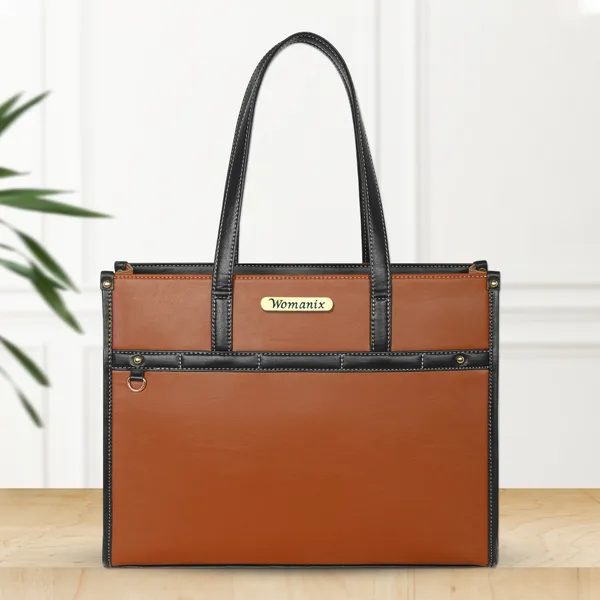 Tan_And_Black_Pu_Premium_Laptop_Tote_Bag_For_Women