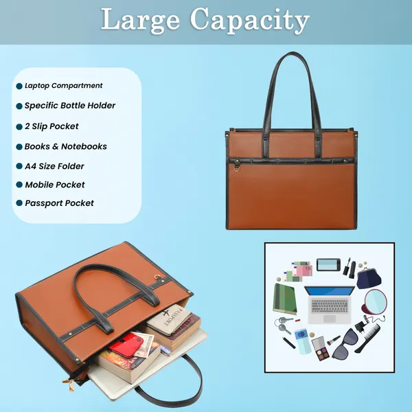 Tan_And_Black_Pu_Premium_Laptop_Tote_Bag_For_Women