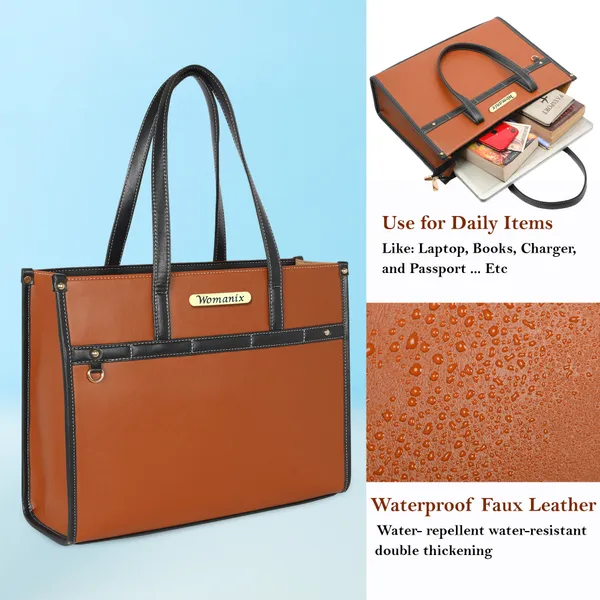 Tan_And_Black_Pu_Premium_Laptop_Tote_Bag_For_Women