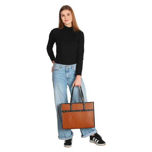Tan_And_Black_Pu_Premium_Laptop_Tote_Bag_For_Women