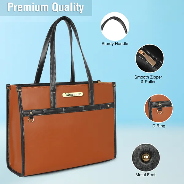 Tan_And_Black_Pu_Premium_Laptop_Tote_Bag_For_Women