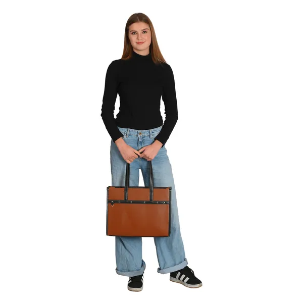 Tan_And_Black_Pu_Premium_Laptop_Tote_Bag_For_Women