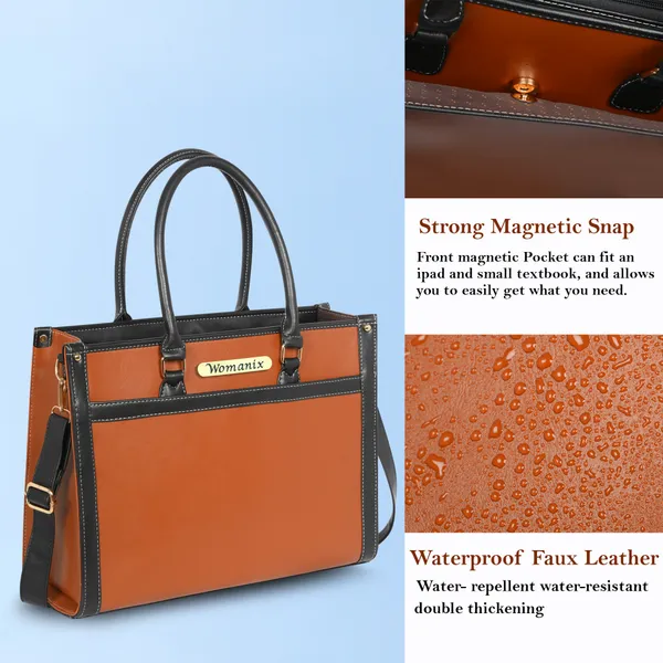Tan_And_Black_Pu_Premium_Laptop_Tote_Bag_For_Women