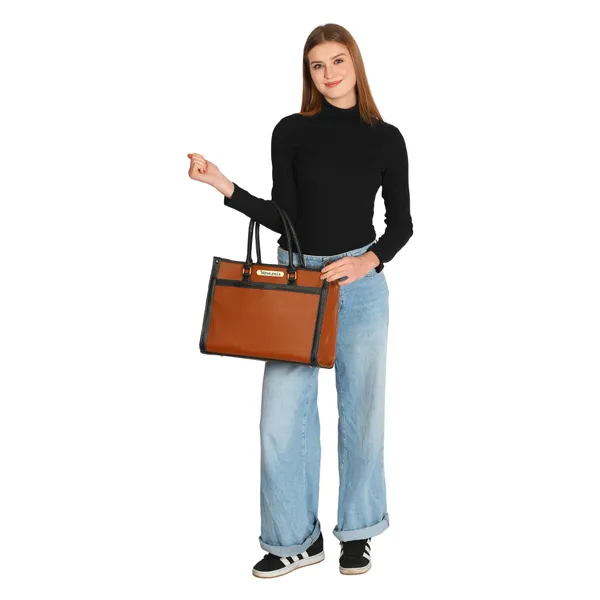 Tan_And_Black_Pu_Premium_Laptop_Tote_Bag_For_Women