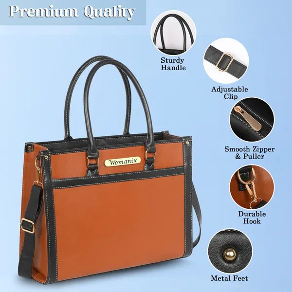 Tan_And_Black_Pu_Premium_Laptop_Tote_Bag_For_Women
