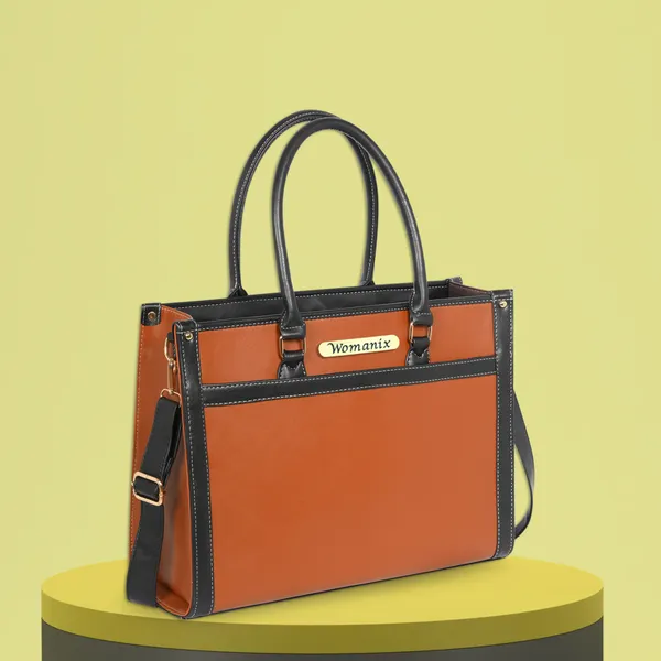 Tan_And_Black_Pu_Premium_Laptop_Tote_Bag_For_Women