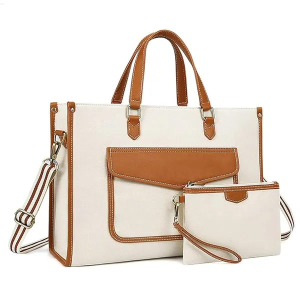 Beige_And_Tan_Canvas_Premium_Laptop_Tote_Bag_For_Women