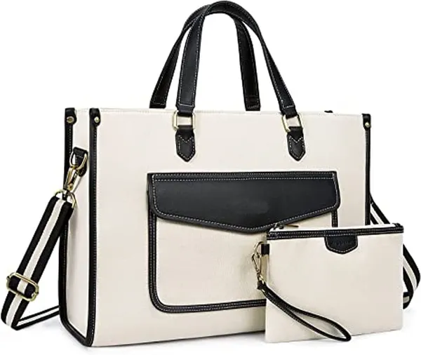 Beige_And_Black_Canvas_Premium_Laptop_Tote_Bag_For_Women