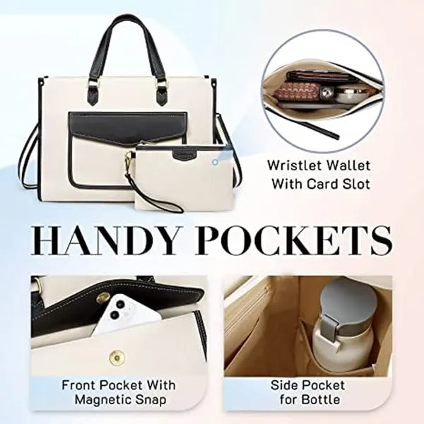 Beige_And_Black_Canvas_Premium_Laptop_Tote_Bag_For_Women