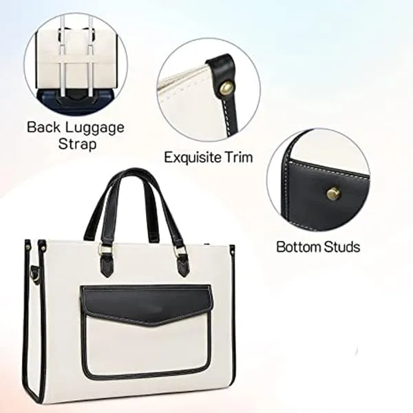 Beige_And_Black_Canvas_Premium_Laptop_Tote_Bag_For_Women