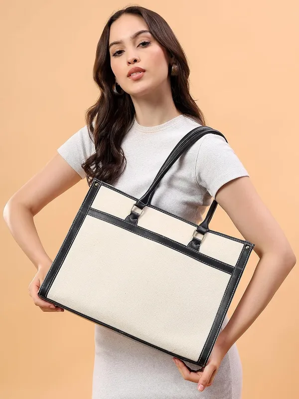 Beige_And_Black_Canvas_Premium_Laptop_Tote_Bag_For_Women