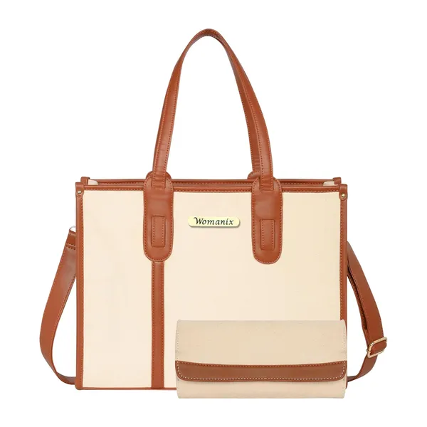 Beige_And_Tan_Canvas_Premium_Laptop_Tote_Bag_For_Women