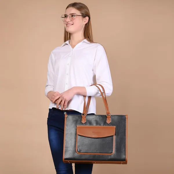 Tan_And_Black_Pu_Premium_Laptop_Tote_Bag_For_Women
