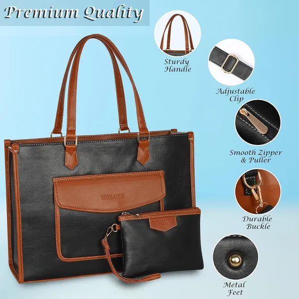 Tan_And_Black_Pu_Premium_Laptop_Tote_Bag_For_Women