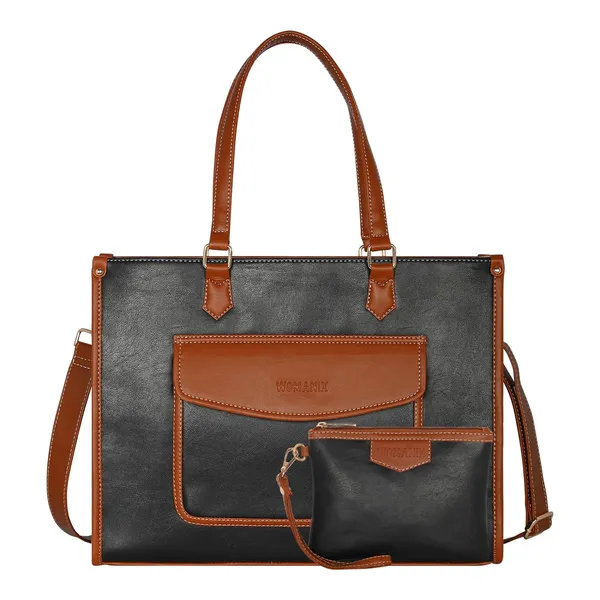 Tan_And_Black_Pu_Premium_Laptop_Tote_Bag_For_Women