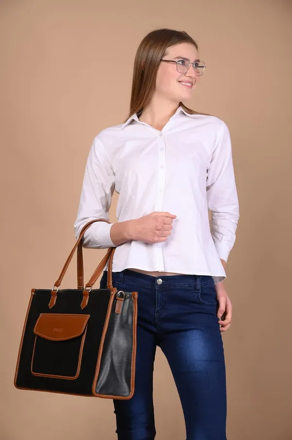 Tan_And_Black_Pu_Premium_Laptop_Tote_Bag_For_Women