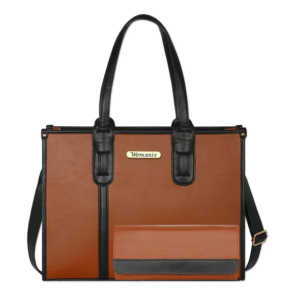 Tan_And_Black_Pu_Premium_Laptop_Tote_Bag_For_Women