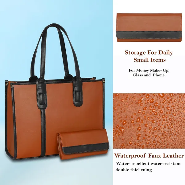 Tan_And_Black_Pu_Premium_Laptop_Tote_Bag_For_Women