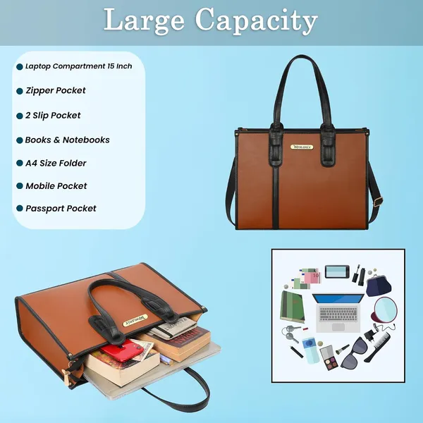 Tan_And_Black_Pu_Premium_Laptop_Tote_Bag_For_Women