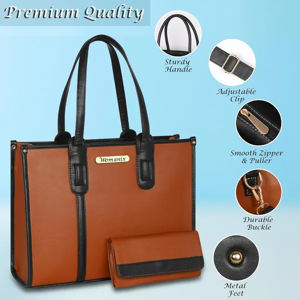 Tan_And_Black_Pu_Premium_Laptop_Tote_Bag_For_Women