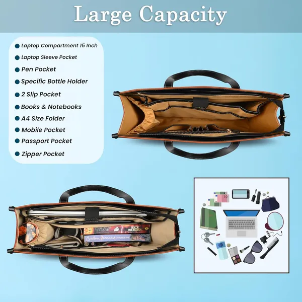 Tan_And_Black_Pu_Premium_Laptop_Tote_Bag_For_Women