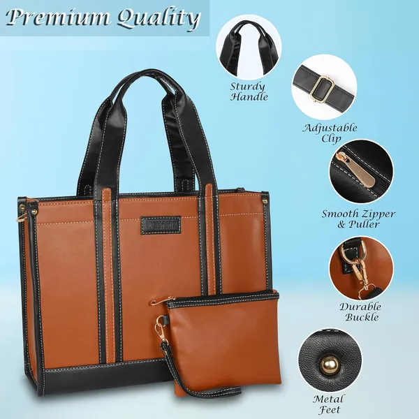 Tan_And_Black_Pu_Premium_Laptop_Tote_Bag_For_Women