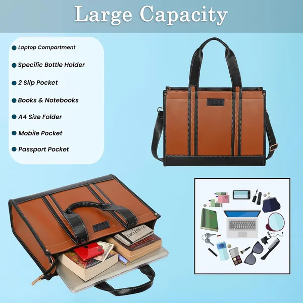 Tan_And_Black_Pu_Premium_Laptop_Tote_Bag_For_Women
