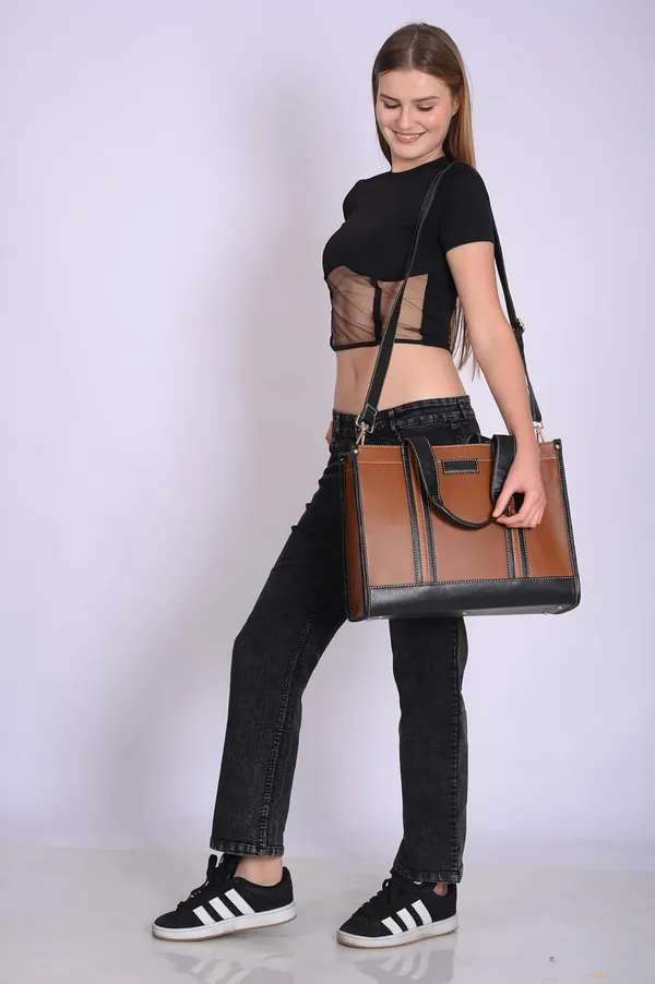Tan_And_Black_Pu_Premium_Laptop_Tote_Bag_For_Women