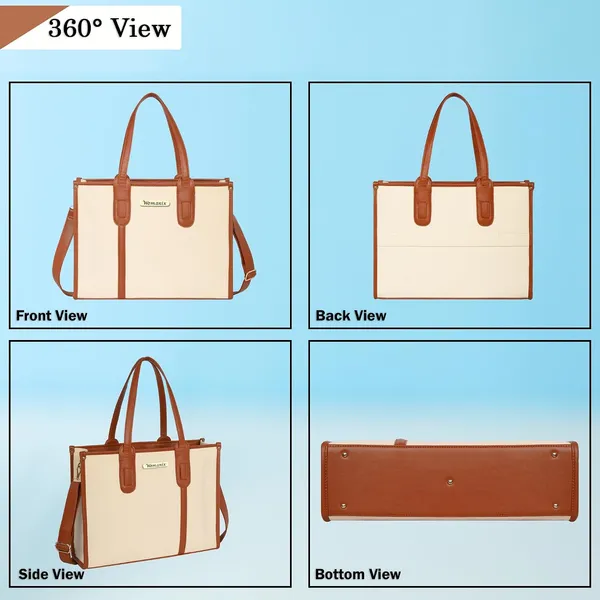 Beige_And_Black_Canvas_Premium_Laptop_Tote_Bag_For_Women