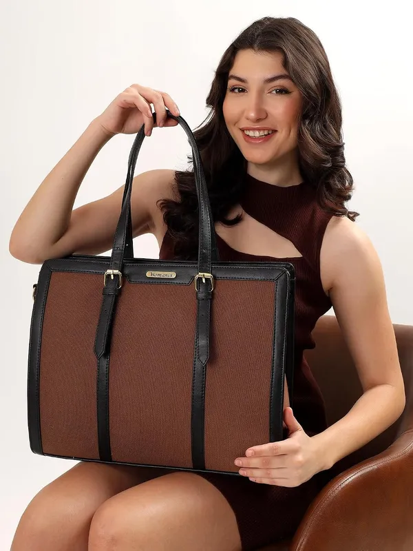Brown_And_Black_Canvas_Premium_Laptop_Tote_Bag_For_Women