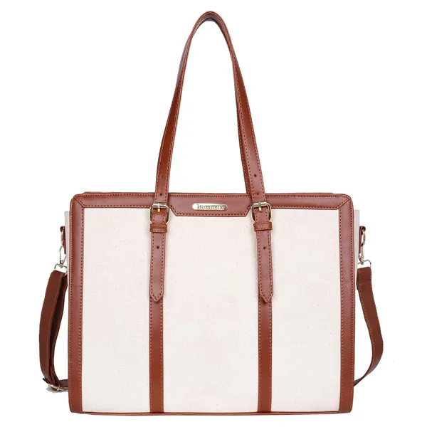 Beige_And_Tan_Canvas_Premium_Laptop_Tote_Bag_For_Women