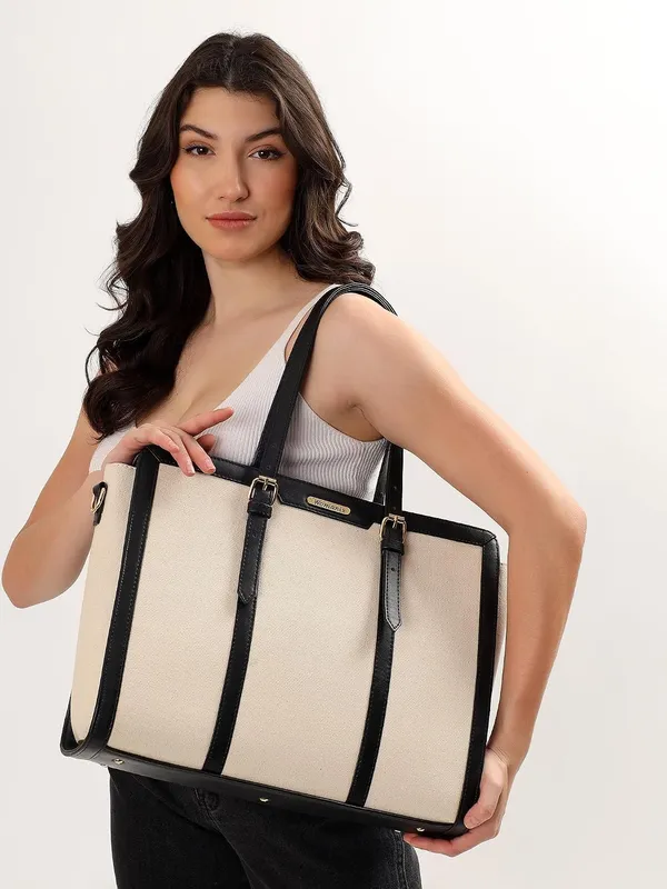 Beige_And_Black_Canvas_Premium_Laptop_Tote_Bag_For_Women
