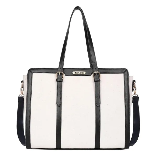 Beige_And_Black_Canvas_Premium_Laptop_Tote_Bag_For_Women