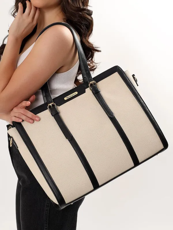 Beige_And_Black_Canvas_Premium_Laptop_Tote_Bag_For_Women