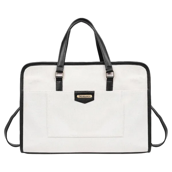 Beige_And_Black_Canvas_Premium_Laptop_Tote_Bag_For_Women
