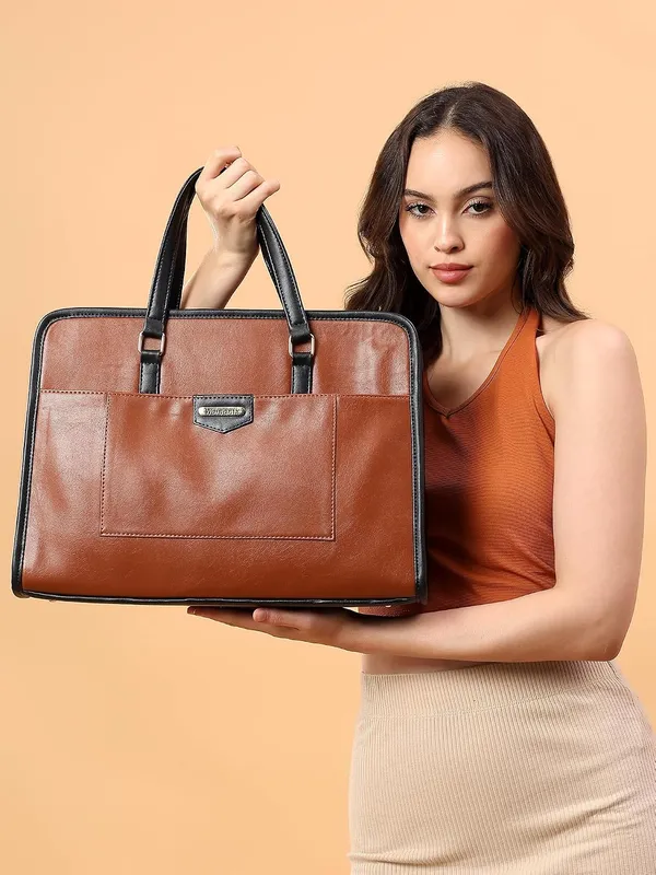 Tan_And_Black_Pu_Premium_Laptop_Tote_Bag_For_Women