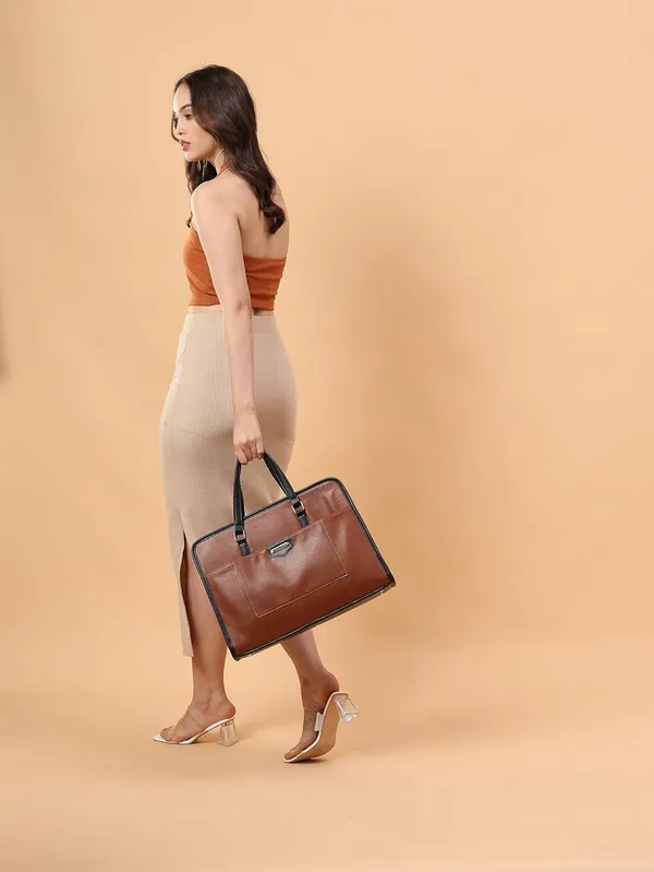 Tan_And_Black_Pu_Premium_Laptop_Tote_Bag_For_Women