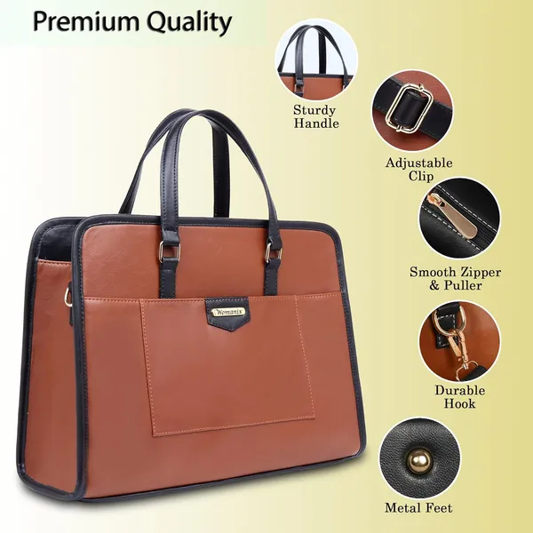 Tan_And_Black_Pu_Premium_Laptop_Tote_Bag_For_Women