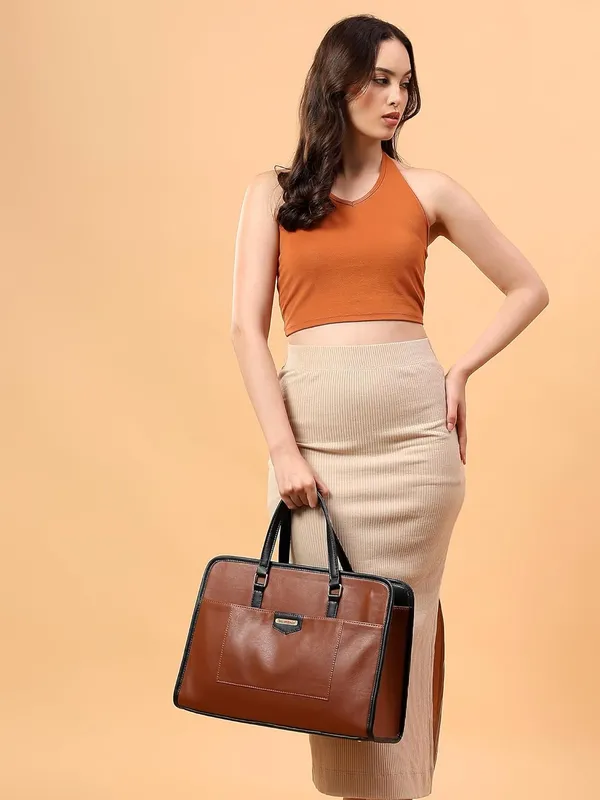 Tan_And_Black_Pu_Premium_Laptop_Tote_Bag_For_Women