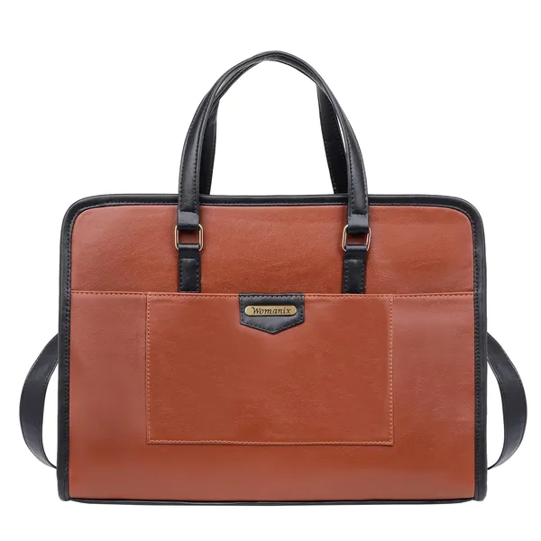 Tan_And_Black_Pu_Premium_Laptop_Tote_Bag_For_Women