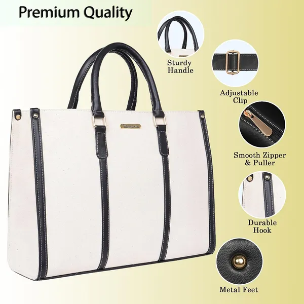 Beige_And_Black_Canvas_Premium_Laptop_Tote_Bag_For_Women
