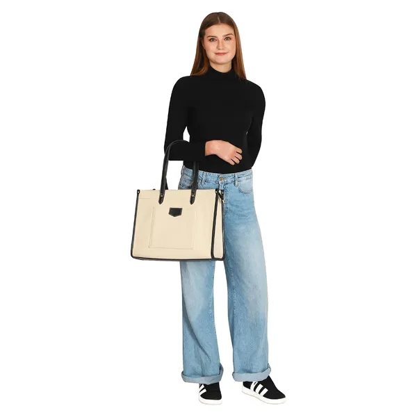 Beige_And_Black_Canvas_Premium_Laptop_Tote_Bag_For_Women