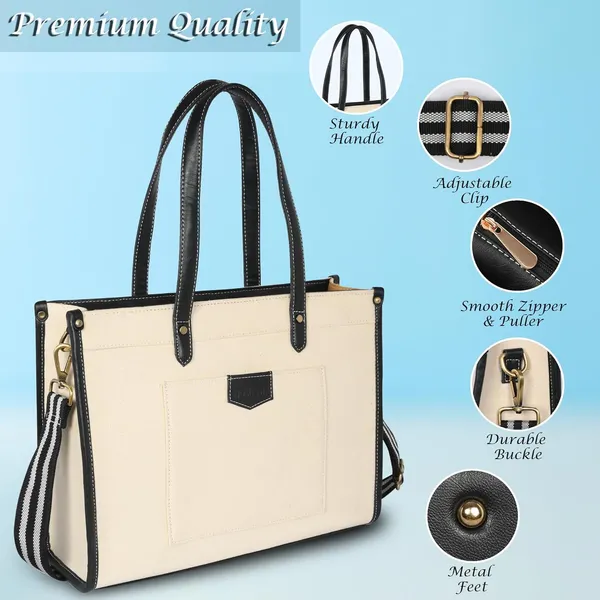 Beige_And_Black_Canvas_Premium_Laptop_Tote_Bag_For_Women