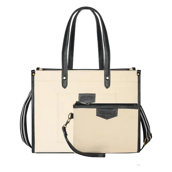 Beige_And_Black_Canvas_Premium_Laptop_Tote_Bag_For_Women